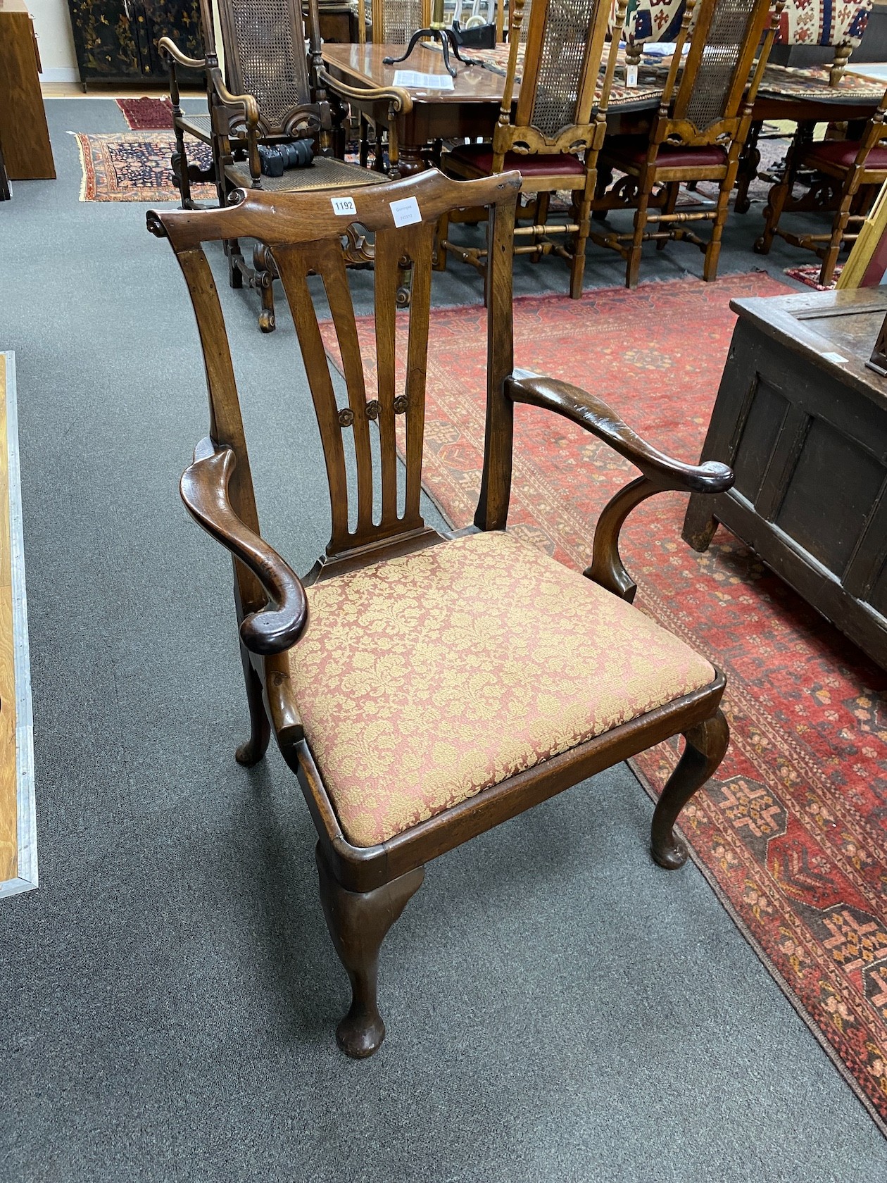 A George III mahogany elbow chair, width 70cm, depth 52cm, height 98cm